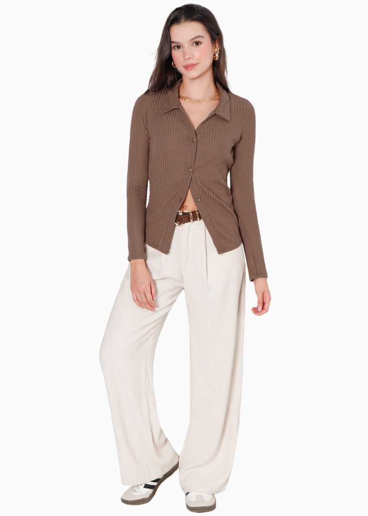 Blusa manga larga con botones y cuello color café para mujer - Flashy