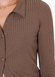 Blusa manga larga con botones y cuello color café para mujer - Flashy