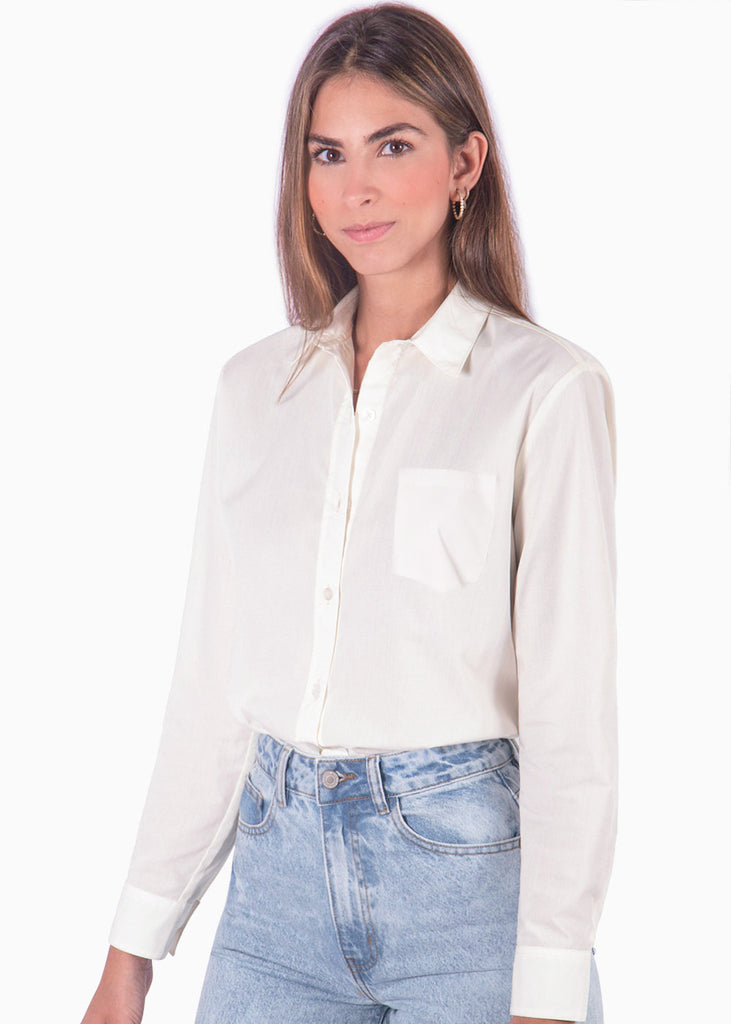 Camisa manga larga con botones y cuello color blanco para mujer - Flashy