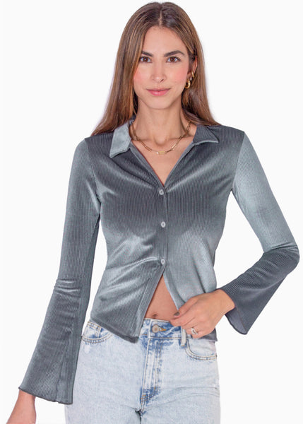 Blusa manga larga con botones y cuello color azul para mujer - Flashy
