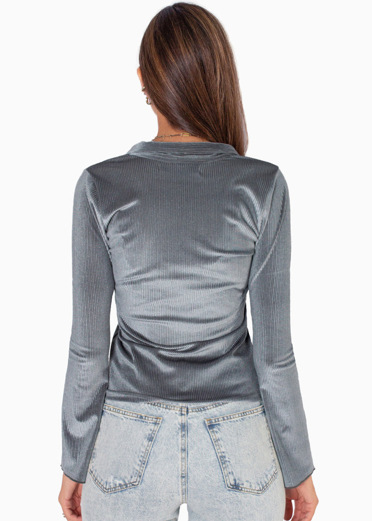 Blusa manga larga con botones y cuello color azul para mujer - Flashy