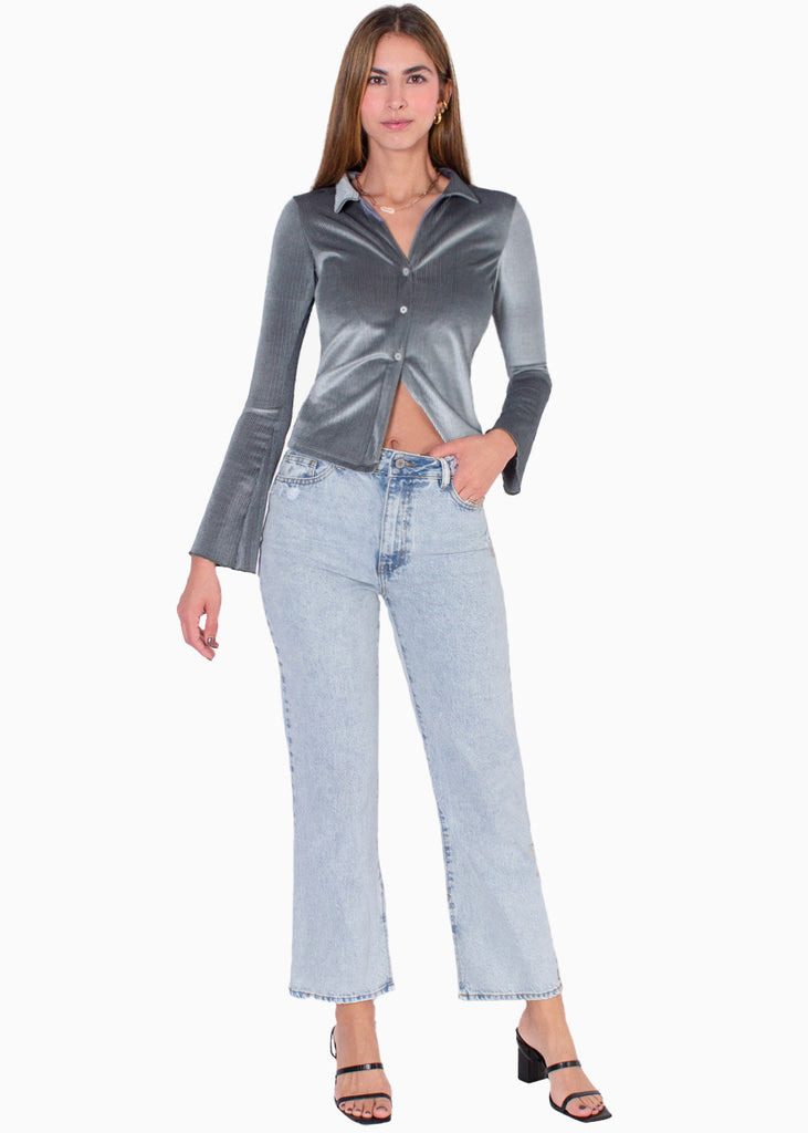 Blusa manga larga con botones y cuello color azul para mujer - Flashy
