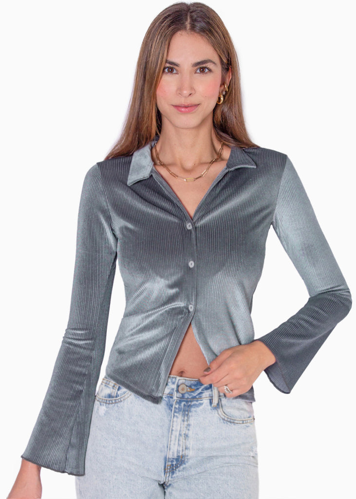 Blusa manga larga con botones y cuello color azul para mujer - Flashy