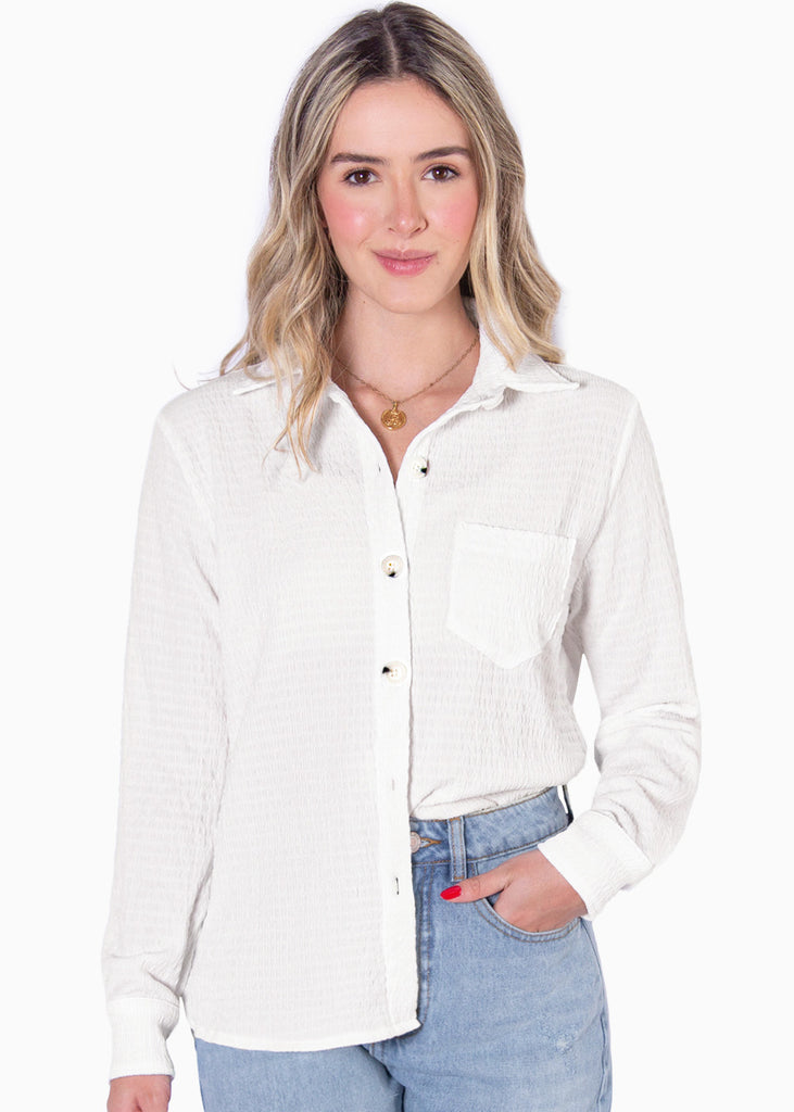Blusa manga larga con botones y cuello color marfil para mujer - Flashy