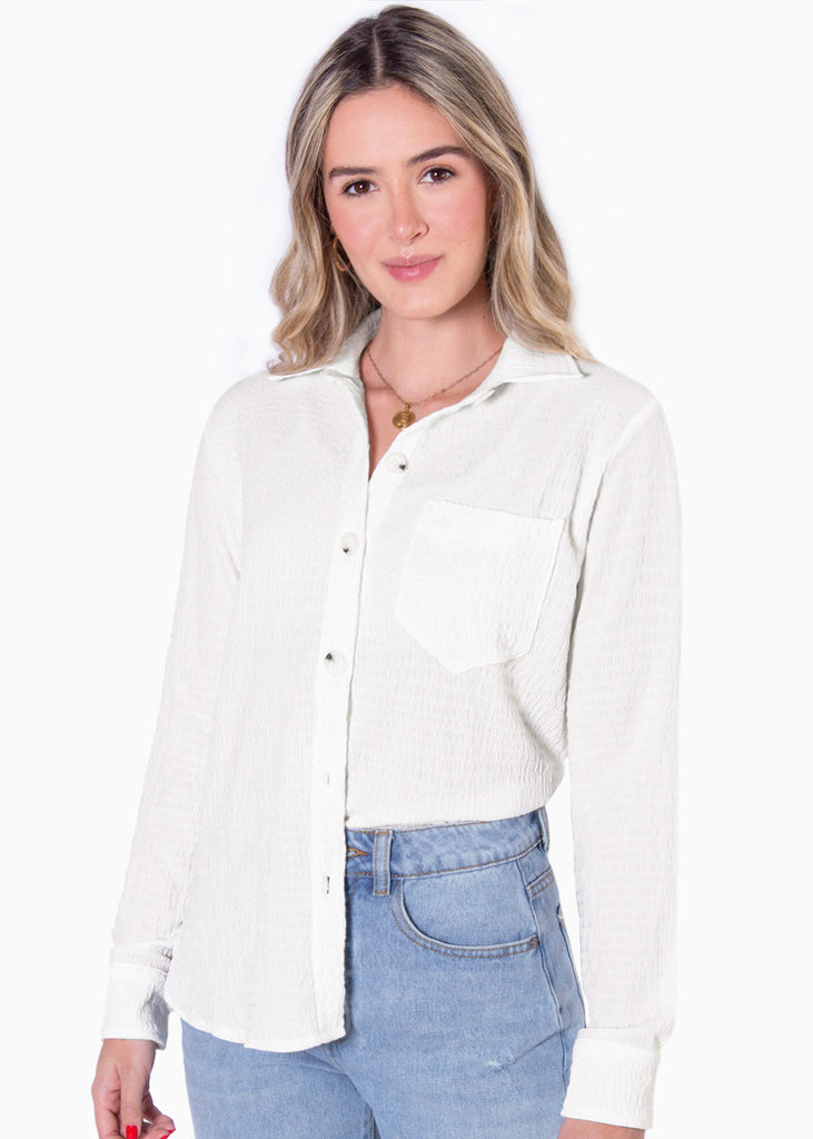 Blusa manga larga con botones y cuello color marfil para mujer - Flashy