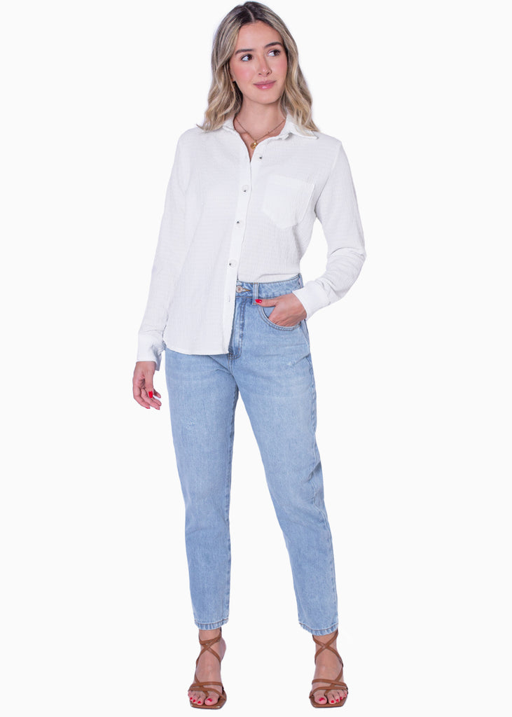Blusa manga larga con botones y cuello color marfil para mujer - Flashy