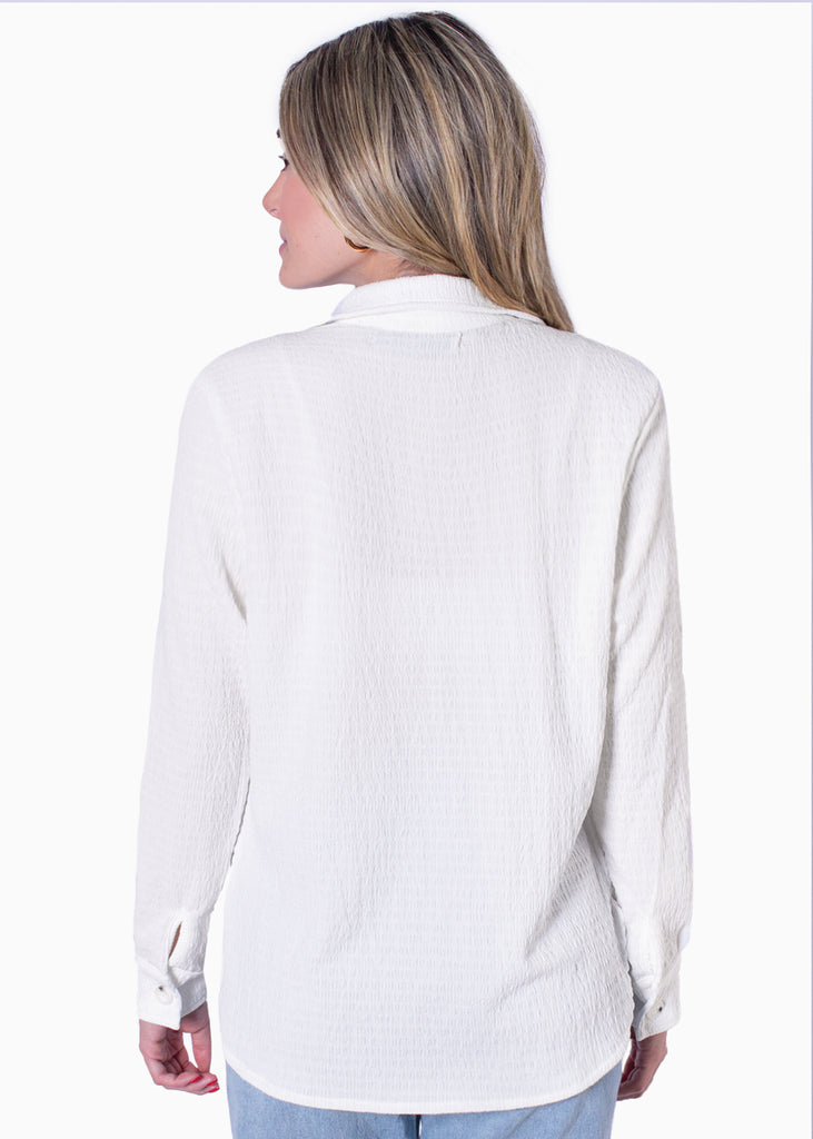 Blusa manga larga con botones y cuello color marfil para mujer - Flashy