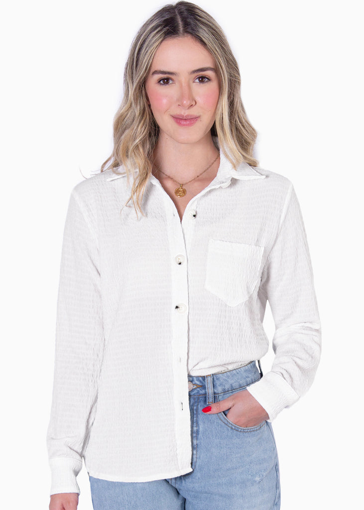 Blusa manga larga con botones y cuello color marfil para mujer - Flashy