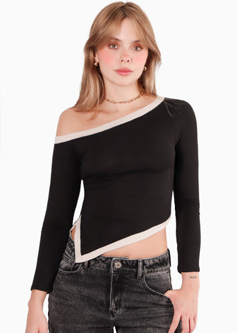 Blusa manga larga con cortes en contraste y abertura en costado color negro para mujer - Flashy