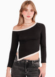 Blusa manga larga con cortes en contraste y abertura en costado color negro para mujer - Flashy