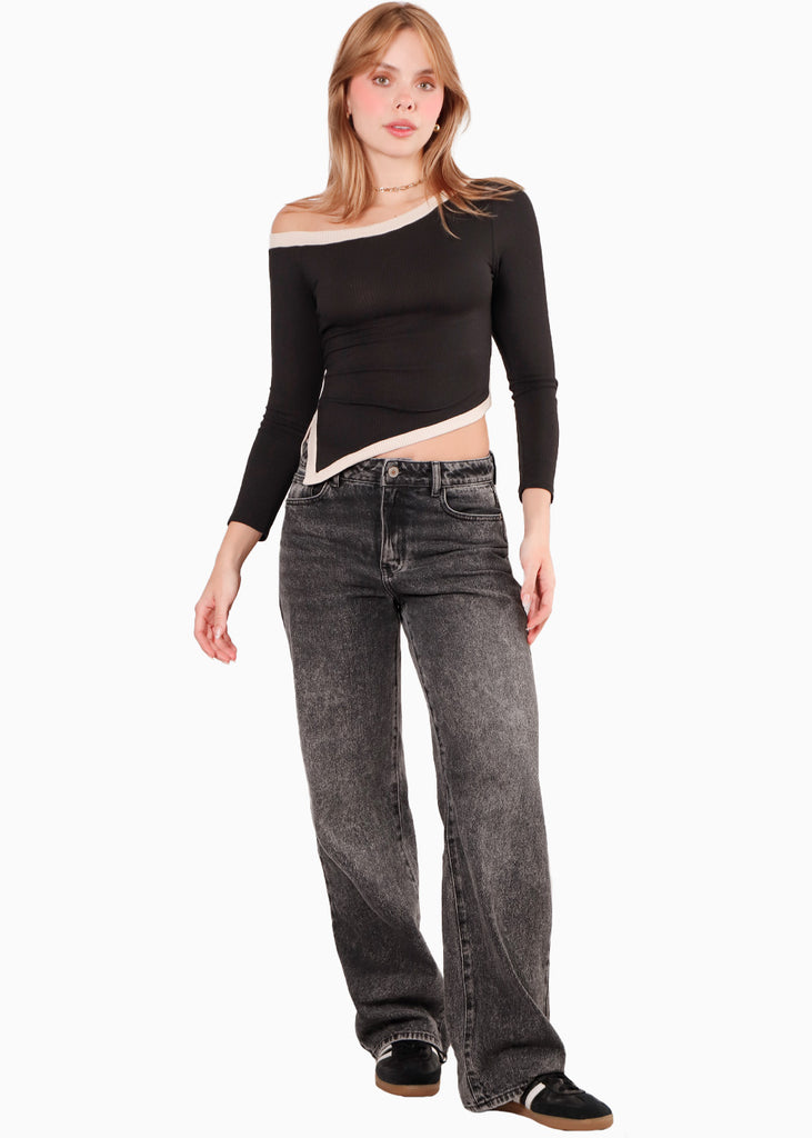Blusa manga larga con cortes en contraste y abertura en costado color negro para mujer - Flashy