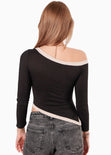 Blusa manga larga con cortes en contraste y abertura en costado color negro para mujer - Flashy
