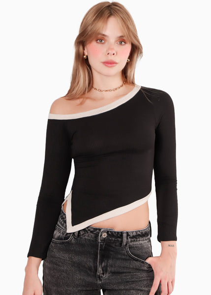 Blusa manga larga con cortes en contraste y abertura en costado color negro para mujer - Flashy
