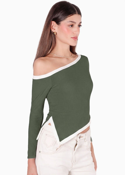 Blusa manga larga con cortes en contraste y abertura en costado - ORELIS.VERDE