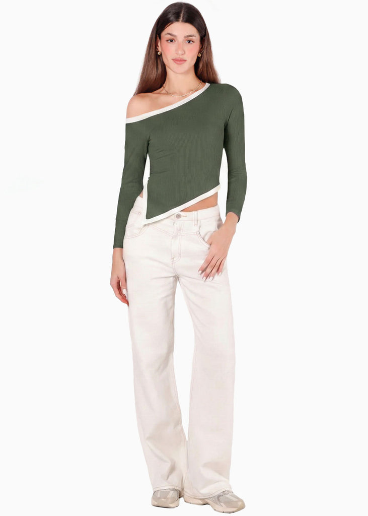 Blusa manga larga con cortes en contraste y abertura en costado - ORELIS.VERDE