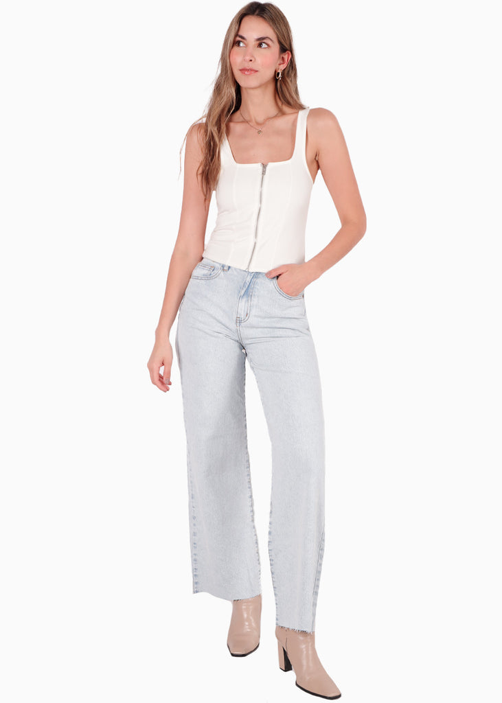 Blusa larga tipo corset con cierre delantero y tela tipo gamuza color blanco, marfil para mujer - Flashy