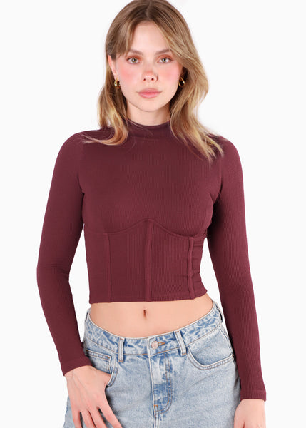 Blusa manga larga con cortes en delantero color vino para mujer - Flashy