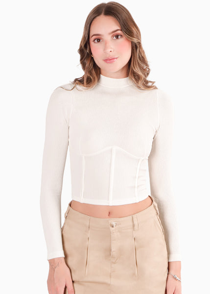 Blusa manga larga con cortes en delantero - DANEIDY.MARFIL