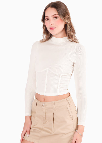 Blusa manga larga con cortes en delantero - DANEIDY.MARFIL