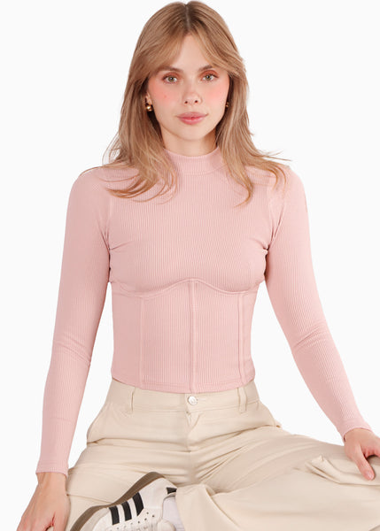 Blusa manga larga con cortes en delantero color rosado para mujer - Flashy