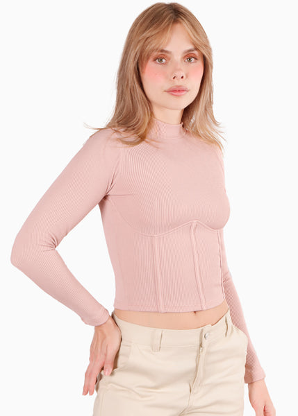 Blusa manga larga con cortes en delantero color rosado para mujer - Flashy