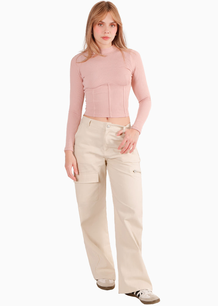 Blusa manga larga con cortes en delantero color rosado para mujer - Flashy