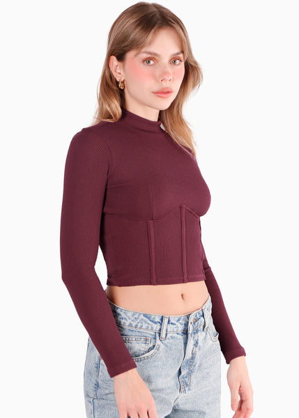 Blusa manga larga con cortes en delantero color vino para mujer - Flashy