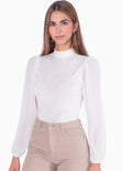 Blusa manga larga con cuello alto y recogido en mangas color marfil, blanco para mujer - Flashy