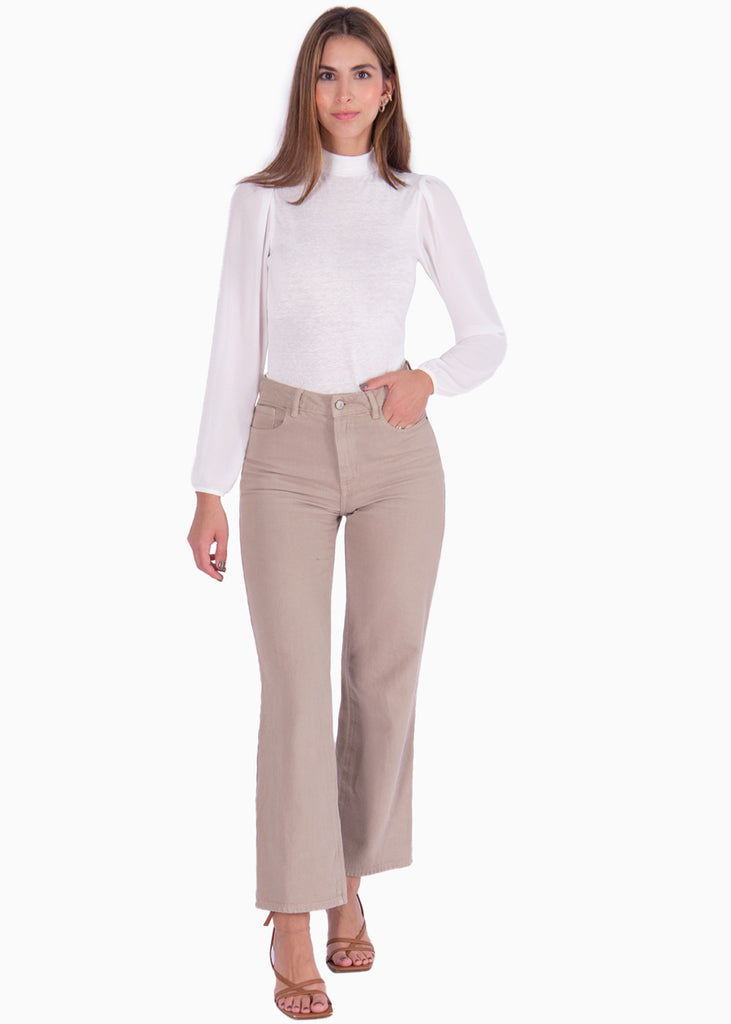 Blusa manga larga con cuello alto y recogido en mangas color marfil, blanco para mujer - Flashy