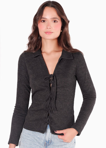 Blusa manga larga con entrelazado en delantero color negro para mujer - Flashy