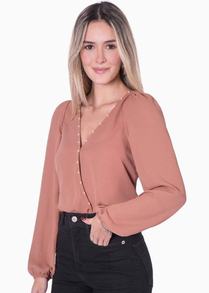 Blusa manga larga con escote cruzado y perlas - ILONA