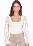 Blusa manga larga con escote cuadrado y transparencia en mangas color blanco, marfil para mujer - Flashy