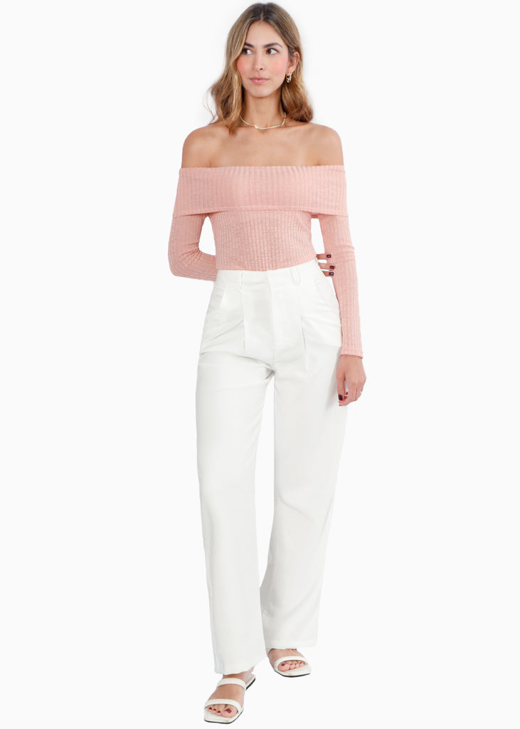 Blusa manga larga con escote off shoulder color rosado para mujer - Flashy