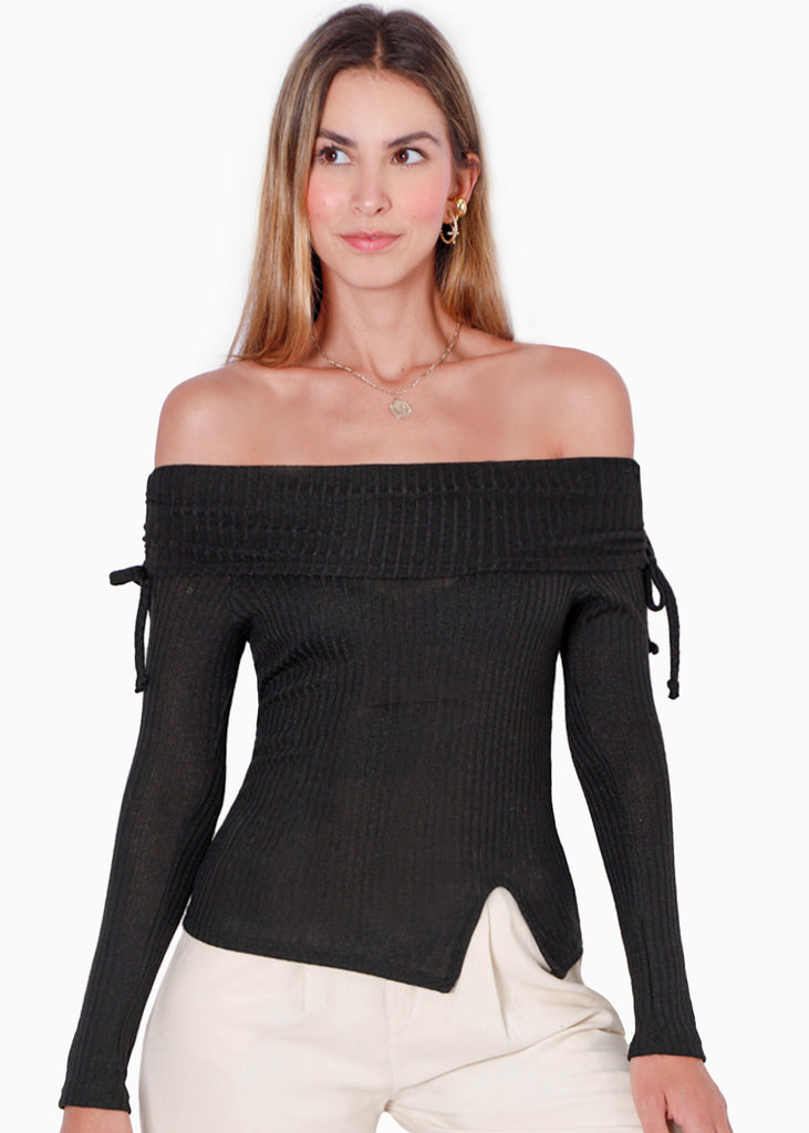 Blusa manga larga con escote off shoulder y recogidos en manga color negro para mujer - Flashy
