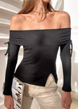 Blusa manga larga con escote off shoulder y recogidos en manga color negro para mujer - Flashy