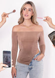 Blusa manga larga con escote off shoulder y ruedo asimétrico color café para mujer - Flashy