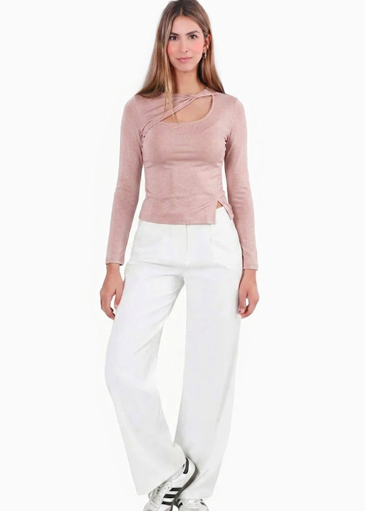 Blusa manga larga con hueco y entorchado en frente - GLAM.ROSA