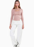 Blusa manga larga con hueco y entorchado en frente - GLAM.ROSA