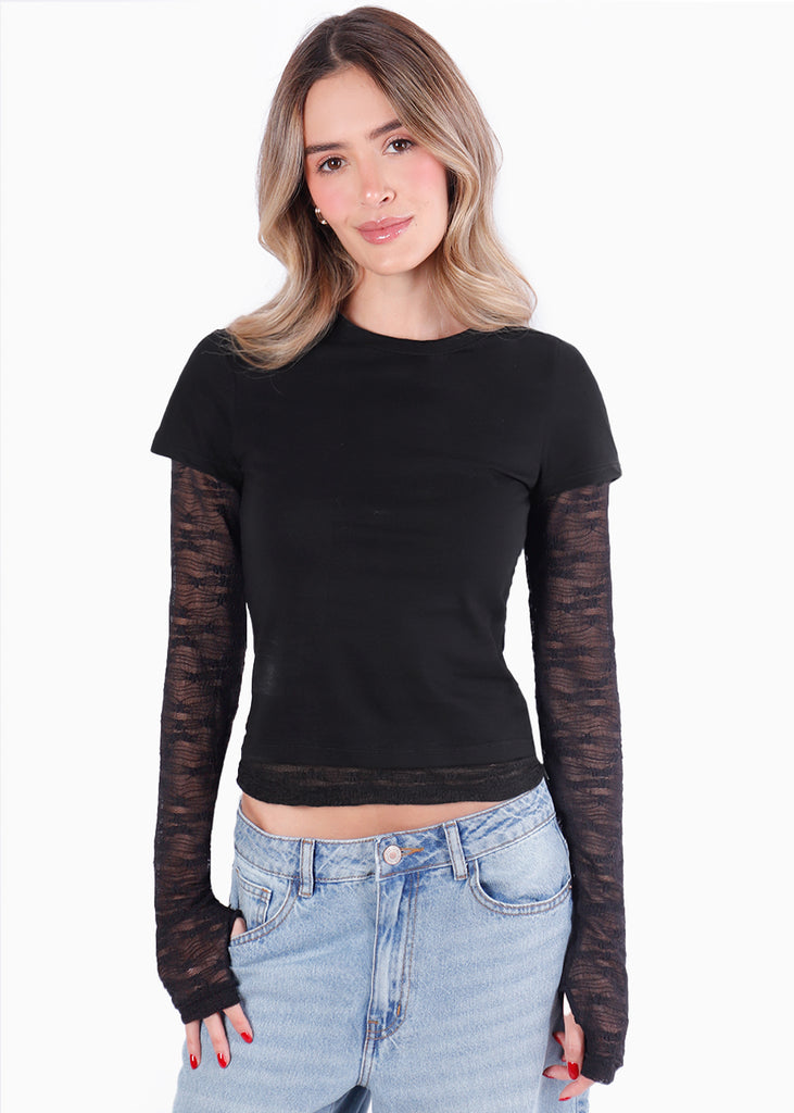 Blusa manga larga con mangas y ruedo en encaje - NICARAGUA