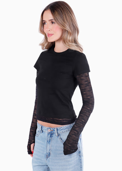 Blusa manga larga con mangas y ruedo en encaje - NICARAGUA