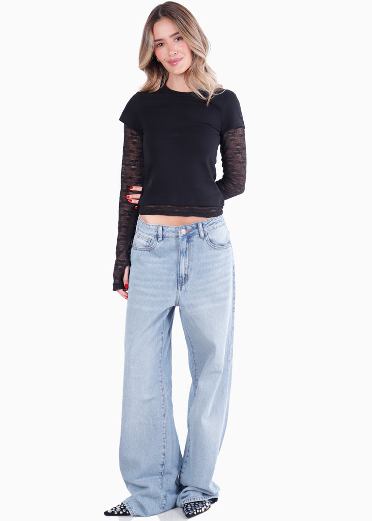 Blusa manga larga con mangas y ruedo en encaje - NICARAGUA