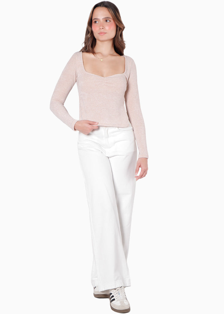Blusa manga larga con recogido en escote color rosado para mujer - Flashy