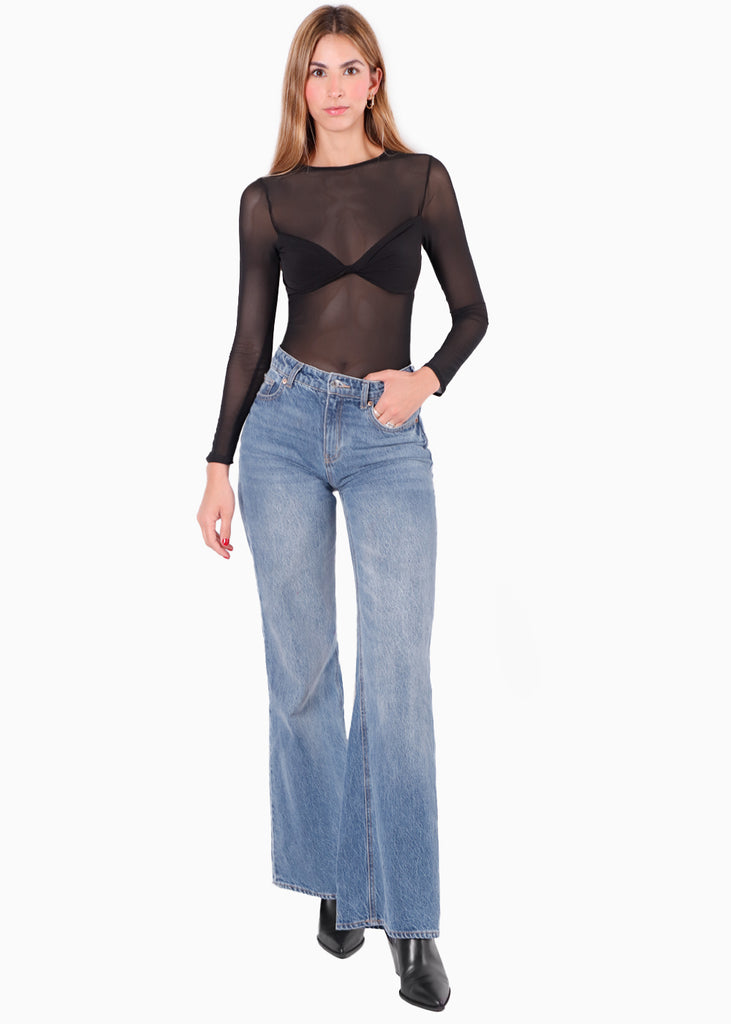 Blusa manga larga con top entorchado color negro para mujer - Flashy
