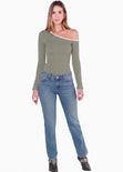 Blusa manga larga con un hombro descubierto y sesgo en contraste en escote - ALIX.VERDE