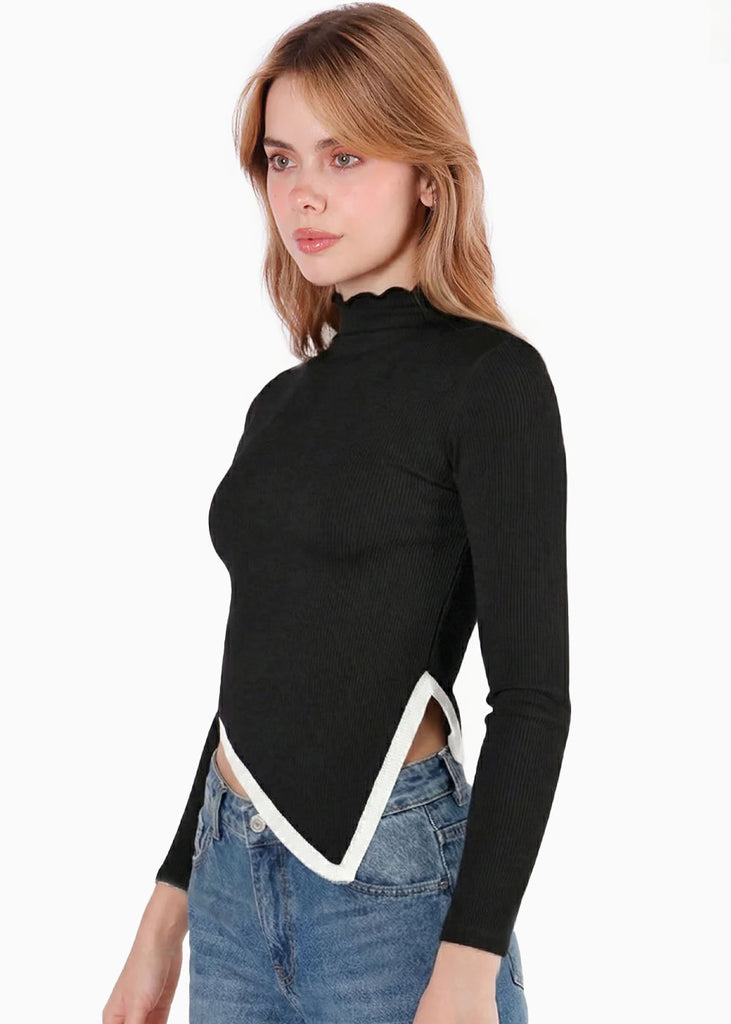 Blusa manga larga cuello alto contraste en ruedo - OPALO.NEGRO