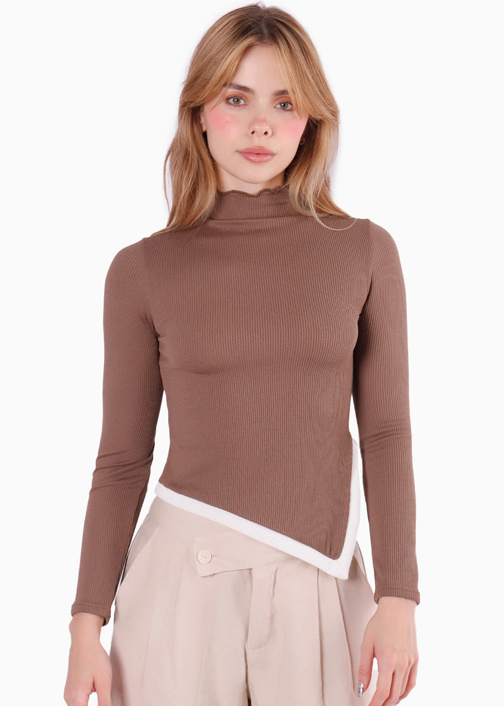 Blusa manga larga cuello alto contraste en ruedo para mujer - Flashy