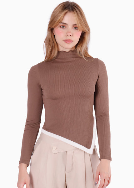 Blusa manga larga cuello alto contraste en ruedo para mujer - Flashy