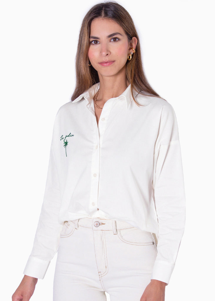 Blusa manga larga de botones y con bordado color marfil para mujer - Flashy