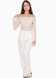 Blusa manga larga de malla con escote off shoulder color beige para mujer - Flashy