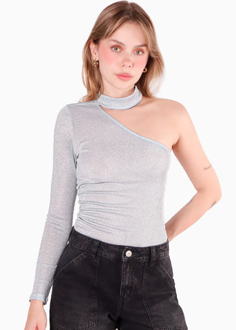 Blusa manga larga de un solo hombro con cuello alto color azul para mujer - Flashy